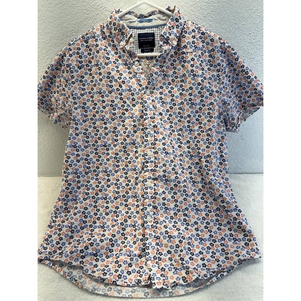 Denim & Flower Ricky Singh Floral Hibiscus Short Sleeve Button Up Slim Mens M L